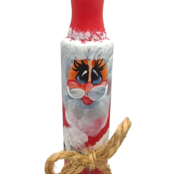 Vintage Wood Hand Painted Rollin Pin Santa Ornament Long Thin Big Eyes 7" - Picture 6 of 7